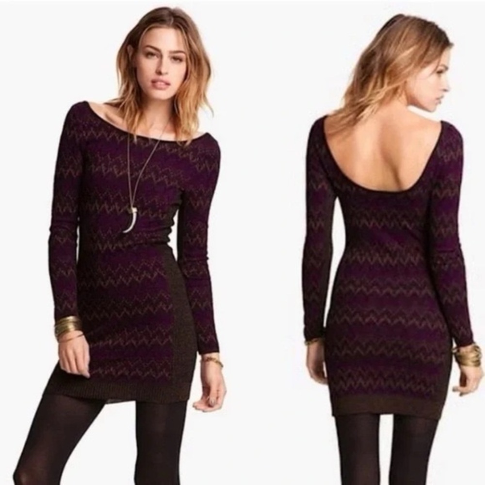 Free People Cozy Cabin metallic chevron knit sweater dress with a low scoop back